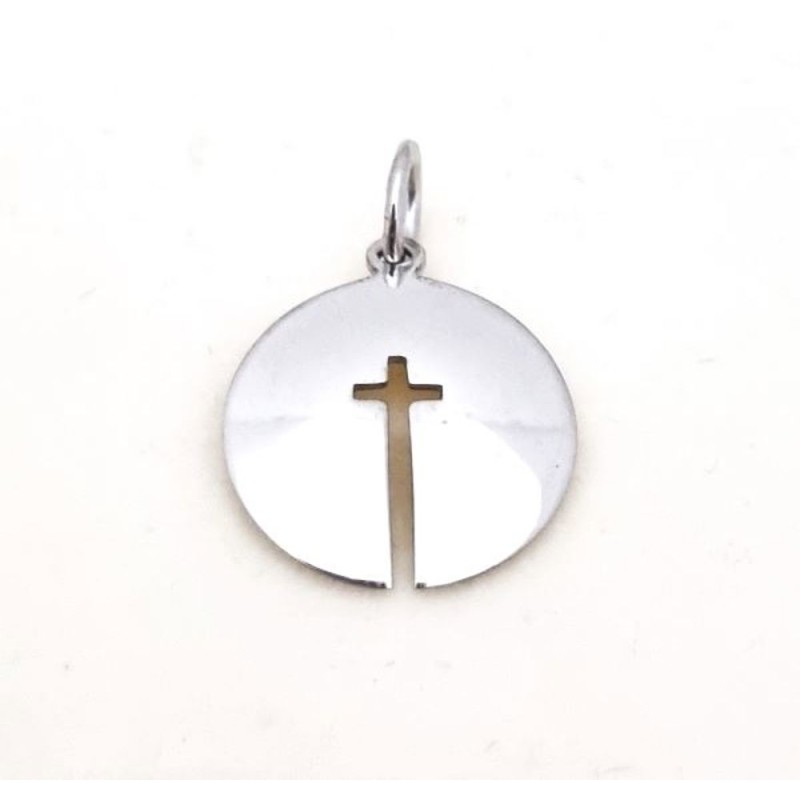 Pendentif rond avec croix en argent rhodié. 14 mm