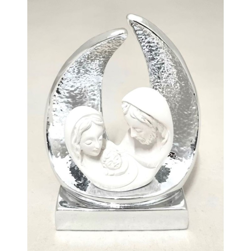 Buste Sainte Famille moderne dans ailes 11cm en poudre de marbre avec socle et ailes argentée