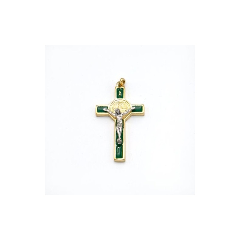 Pendentif croix de Saint Benoit en métal doré et émail. 5 cm