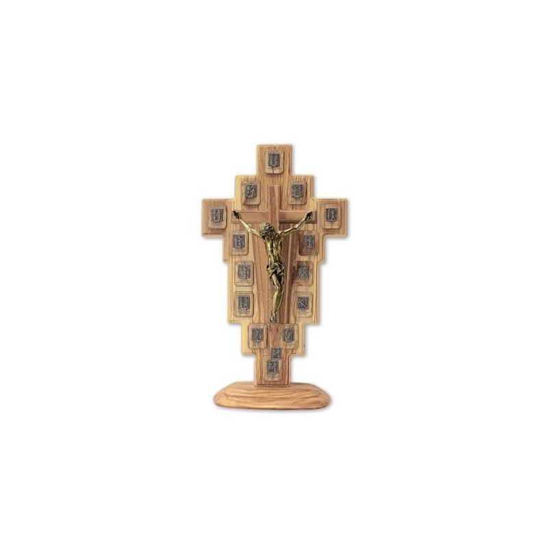 Crucifix sur base bois olivier Via Cruccis bronze 55x31cm