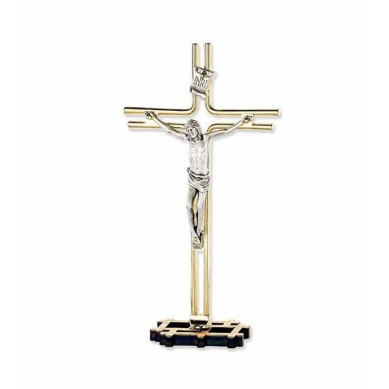 Crucifix métal doré 13x6.5cm sur base bois olivier