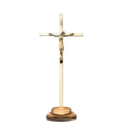 Crucifix métal doré sur base bois olivier 21.2x8.5 cm