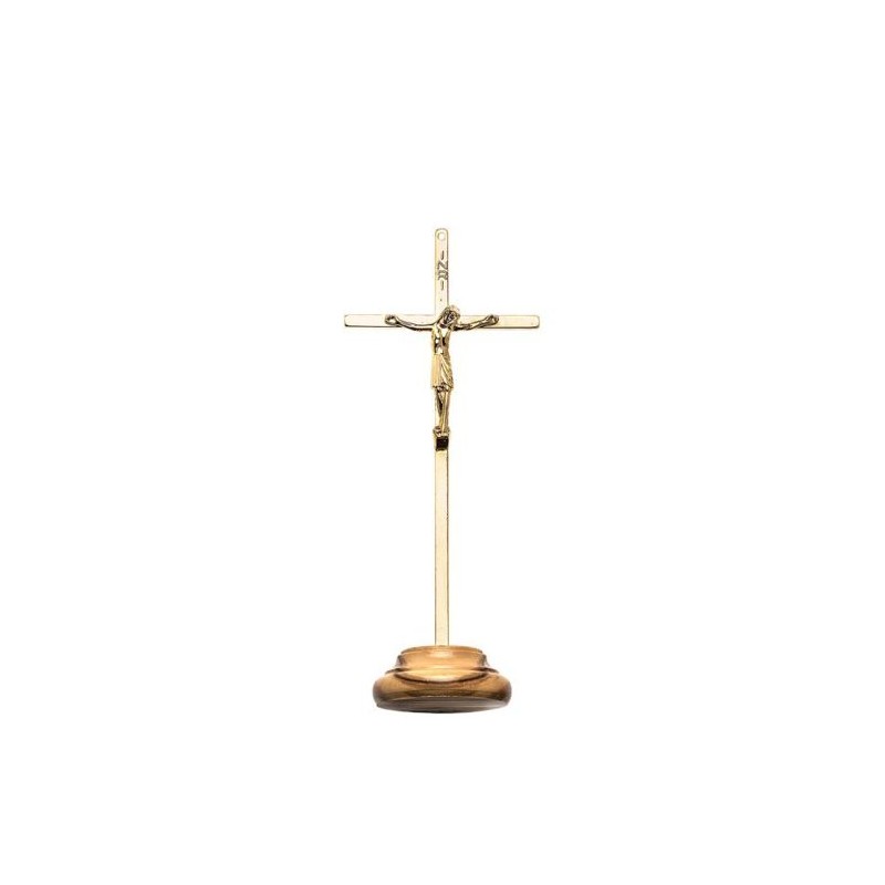 Crucifix métal doré sur base bois olivier 21.2x8.5 cm