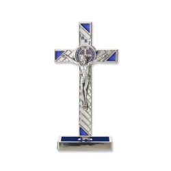 Crucifix sur base S. Benoit métal 12x6cm Bleu