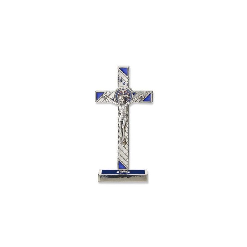 Crucifix sur base S. Benoit métal 12x6cm Bleu