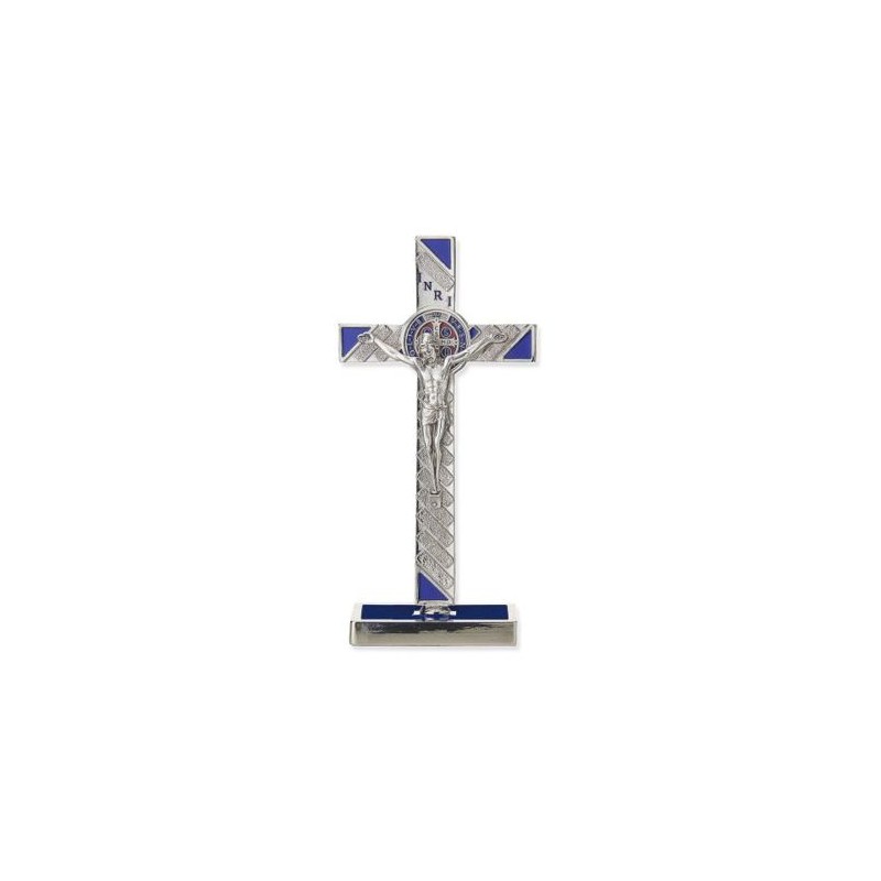 Crucifix sur base S. Benoit métal 20x10cm Bleu