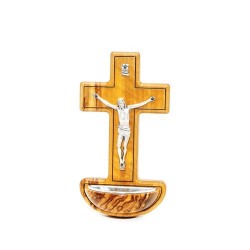 Bénitier avec croix en bois d'olivier et Christ en métal
