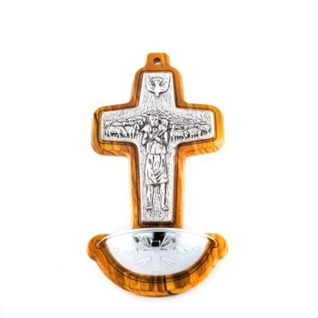 Bénitier du Bon Berger en bois d'olivier. 16/8.5 cm
