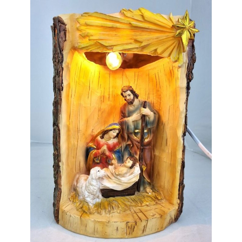 Sainte Famille dans un tronc d'arbre avec de la lumière. 30 cm