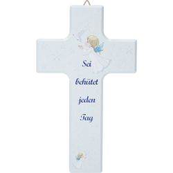 Croix enfant bleue 15X9cm en bois d'érable (Texte en Français)