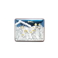 Cadre rectangulaire de la nativité en métal argenté avec détails colorés. 65/50 mm