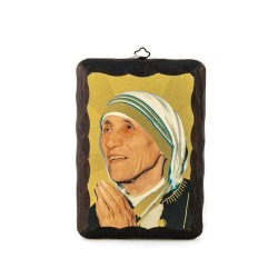 Massief houten raam met gelamineerde en vergulde afbeelding van Moeder Teresa van Calcutta. 10/15 cm