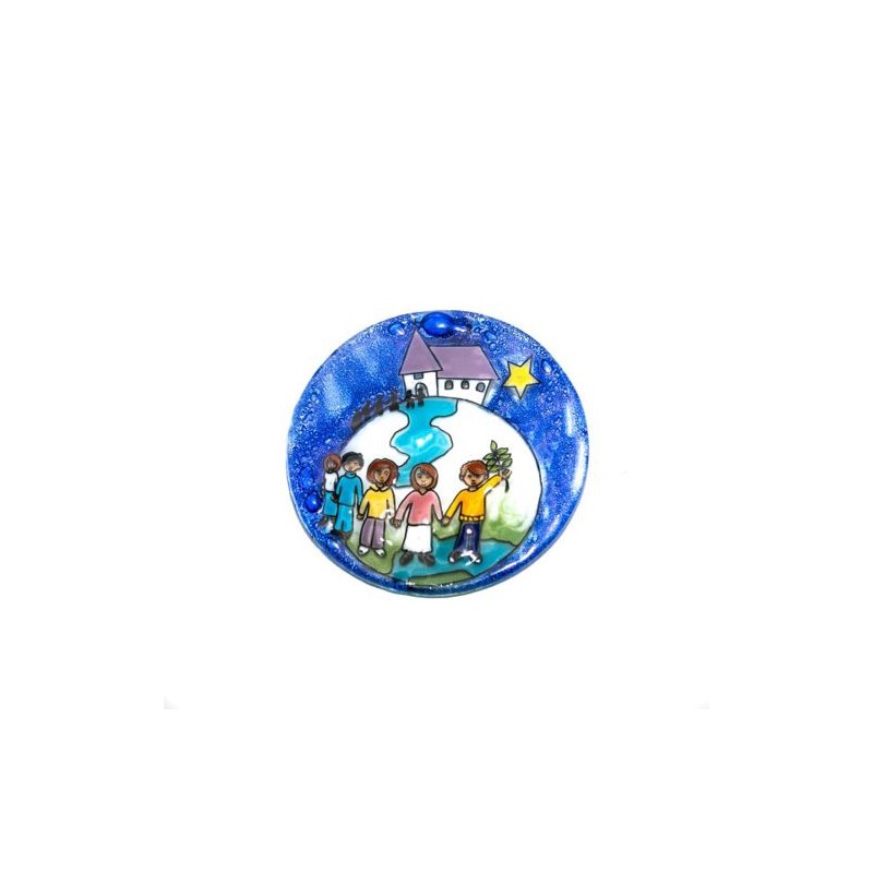 Disque avec les enfants du monde en verre. 10 cm