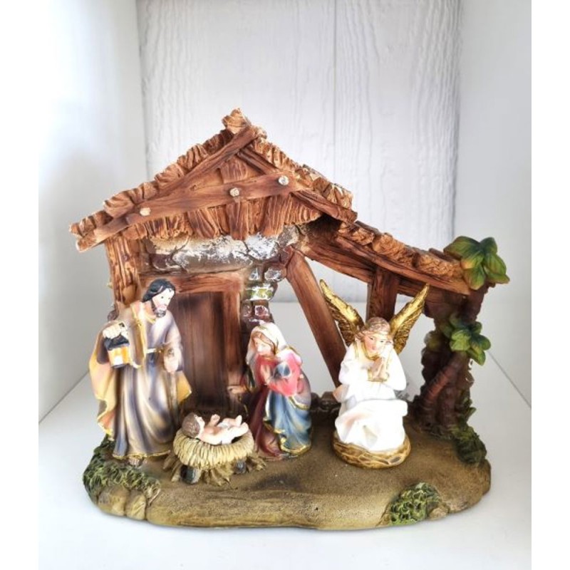 Crèche Nativité avec ange 25cm résine lumineuse