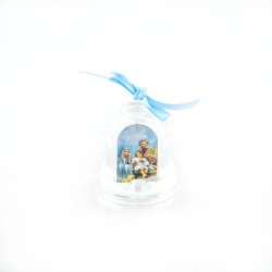 Boule 0neige en forme de cloche avec la Sainte Famille et notre Dame de Banneux, disponible en bleu ou rose