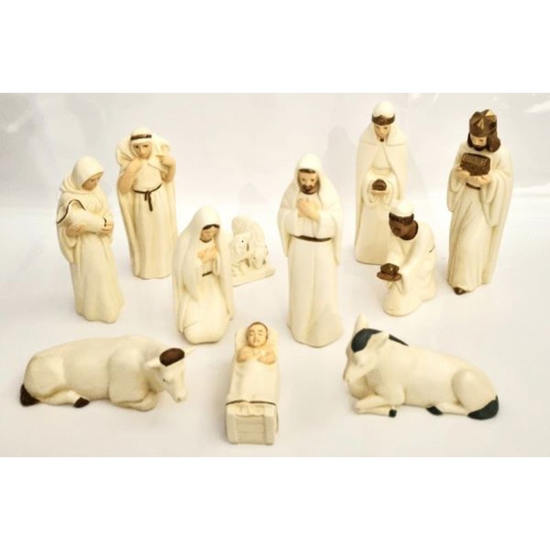 Crèche 11 sujets 17cm résine blanc et or (Haut de gamme) 