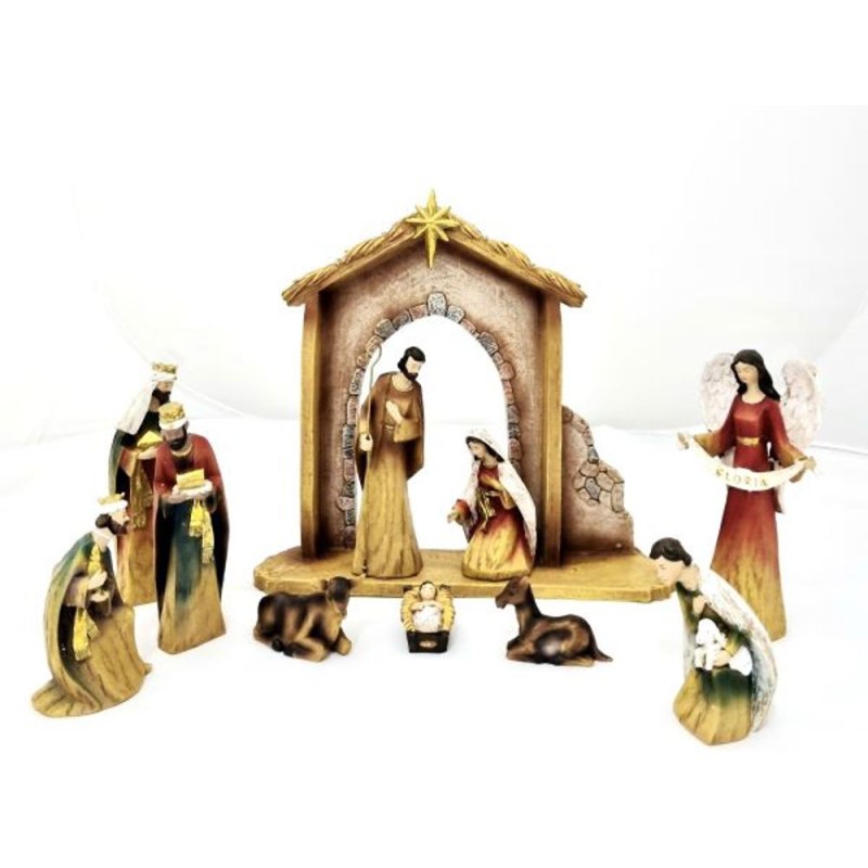 Crèche 10 sujets 16cm résine avec étable