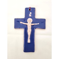 Croix avec Christ et Pax bleu en céramique. 10/7.5 cm