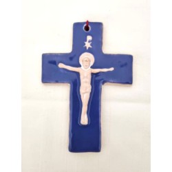 Kruis met Christus en blauwe Pax in keramiek.10/7,5 cm