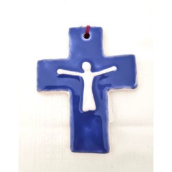 Croix avec Christ stylisé bleu en céramique. 9/7.5 cm