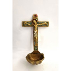 Bénitier avec Christ en bronze émaillé. 15 cm