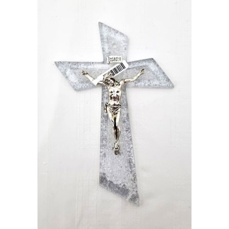 Croix en verre 16cm Glacier feuille d'argent