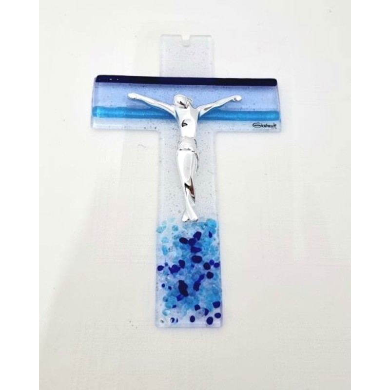 Croix en verre 16cm LINES BLEU