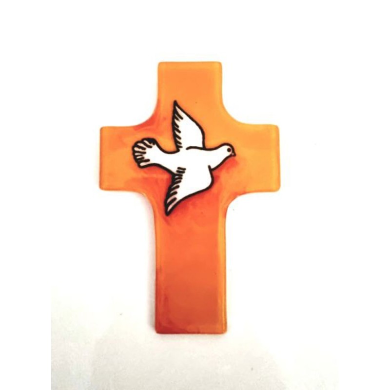 Croix en verre orange avec colombe 12x8cm