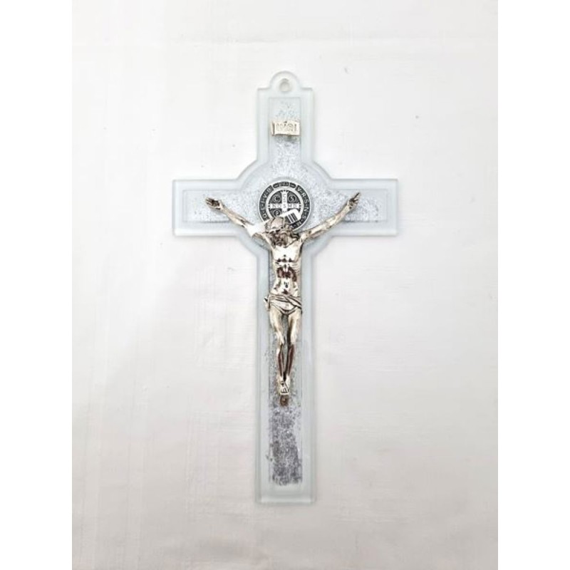 Croix en verre S Benoit 25cm Argentee