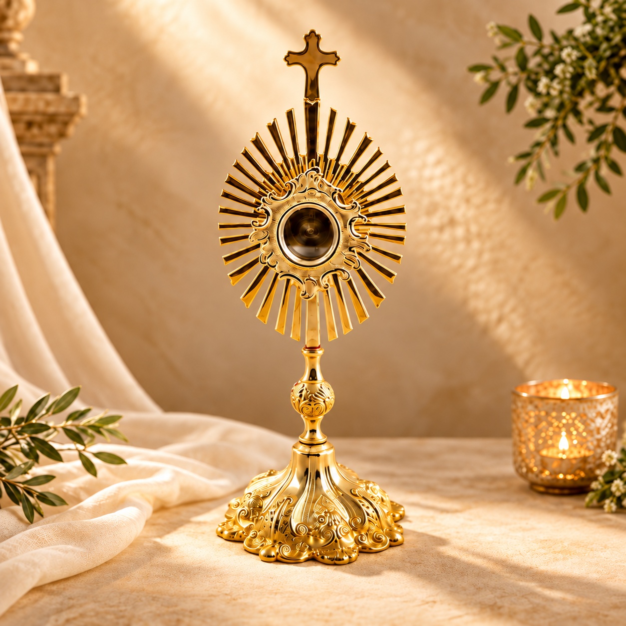 Monstrance dorée dans une lumière sacrée