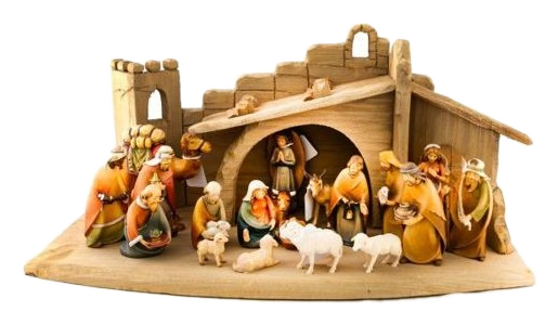 Crèche composée de 20 pièces en bois avec étable.10 cm