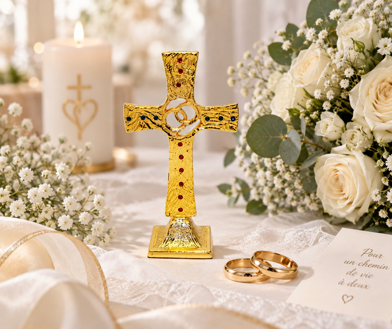 Croix de mariage mise en scène avec alliances et fleurs