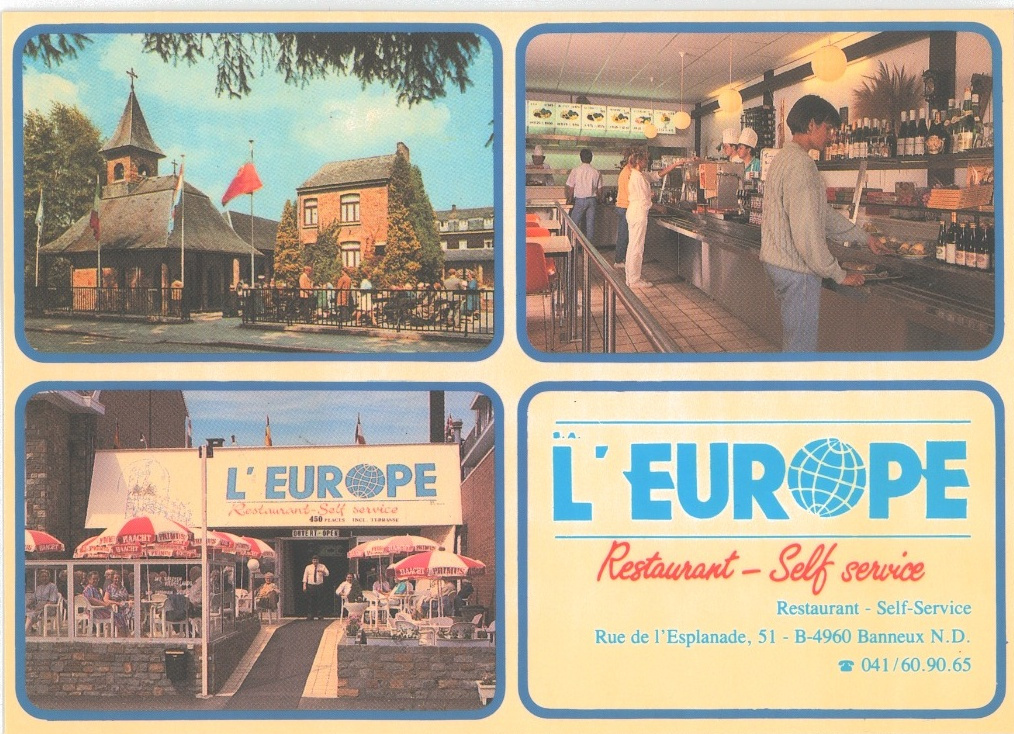 Carte postale vers 1985 montrant le restaurant self-service L’Europe, sa façade, son intérieur et son ancien logo